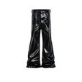 Black coated shiny patent leather skinny jeans in a straight-leg style on a mid waist.