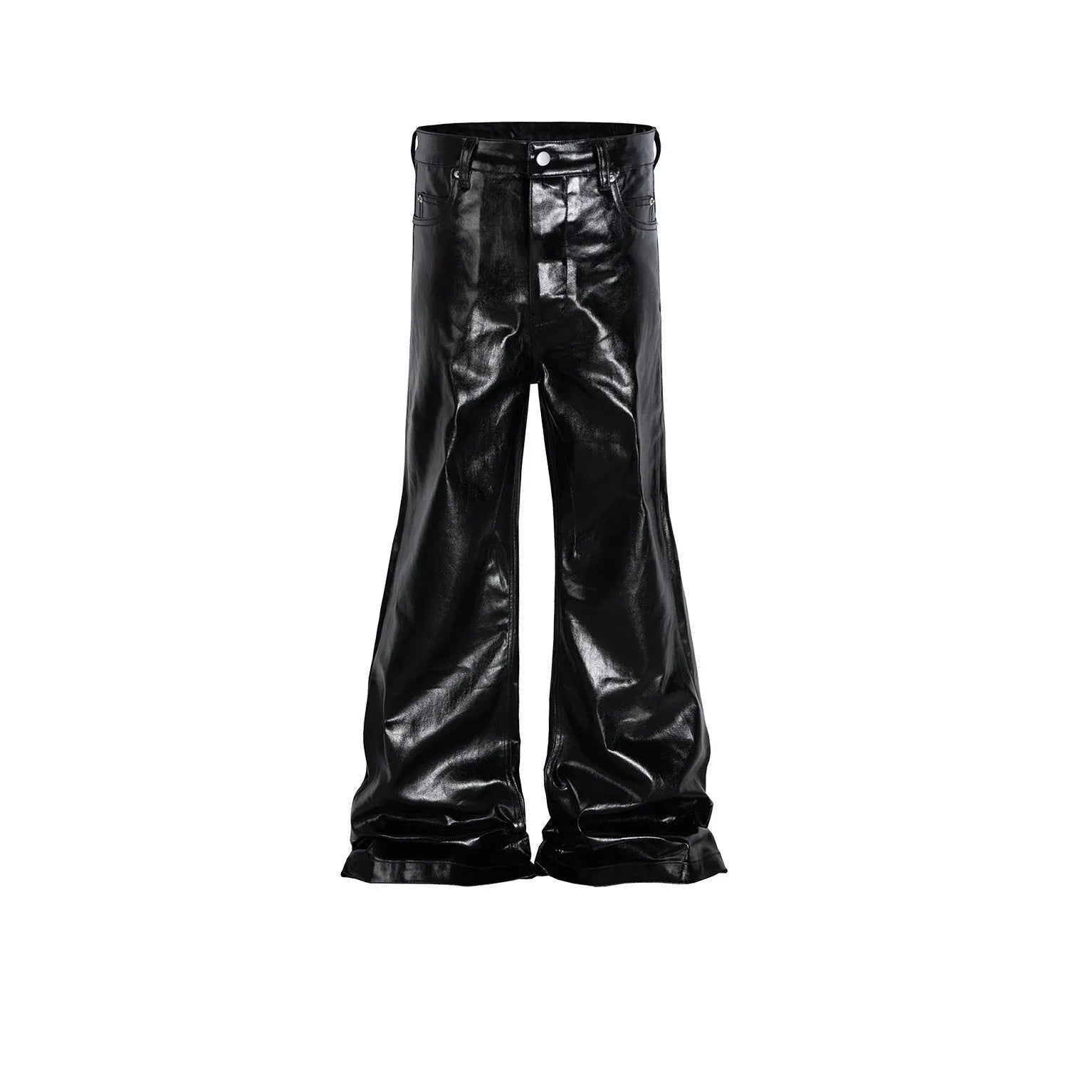 Black coated shiny patent leather skinny jeans in a straight-leg style on a mid waist.
