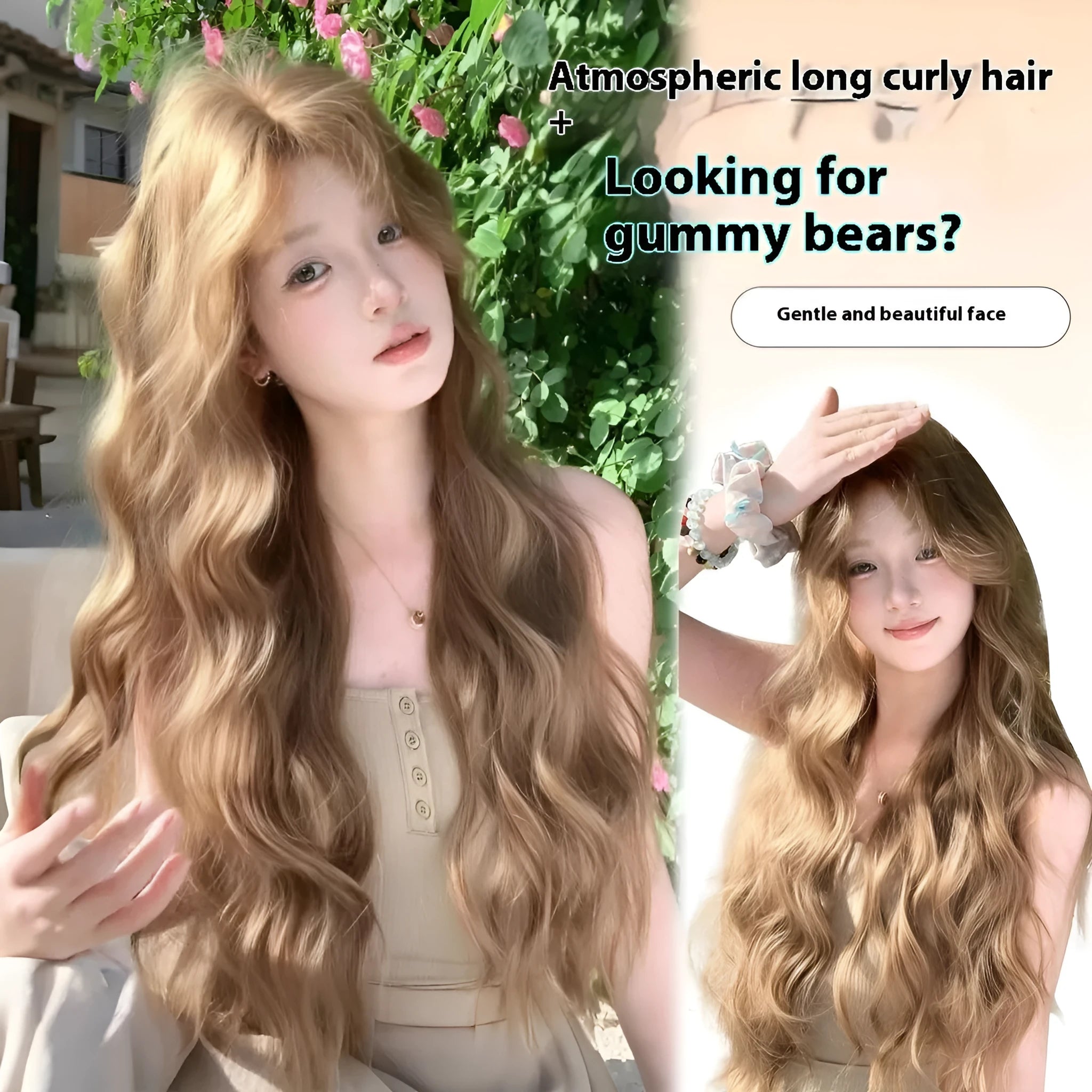 Brown medium length curly synthetic wig with linen shade and defined curls