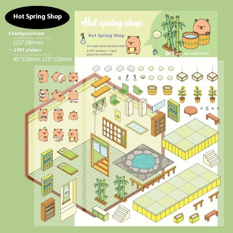 Pack of cut-free three-dimensional PET stickers in eight cartoon shop themes including bakery, bookstore, and fruit shop designs.
