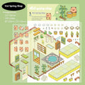 Pack of cut-free three-dimensional PET stickers in eight cartoon shop themes including bakery, bookstore, and fruit shop designs.