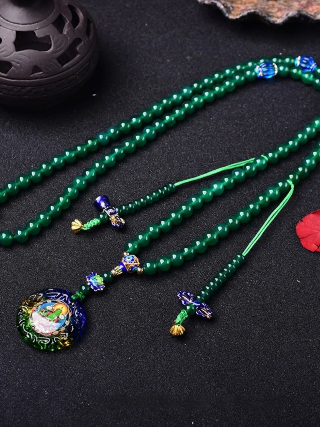Natural green agate 108 bead multi-circle bracelet with Thangka design and certificate