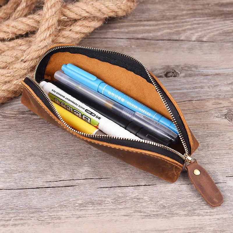 Handmade square leather pencil case with zipper in black, brown, dark brown, or yellow.