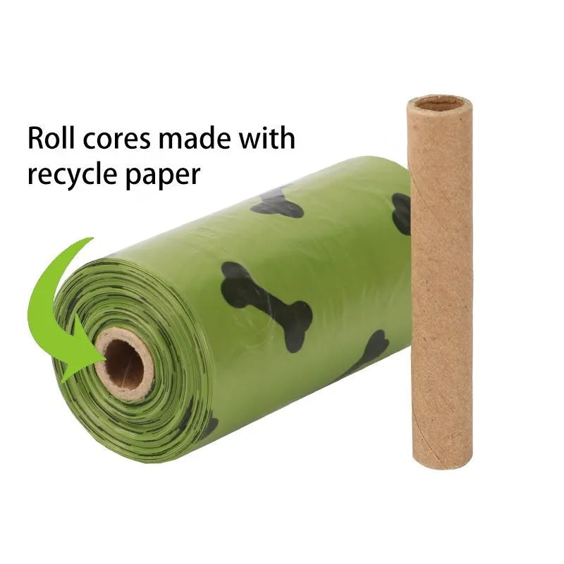 Roll of army green degradable dog waste bags with black bone print, 23cm by 33cm size.