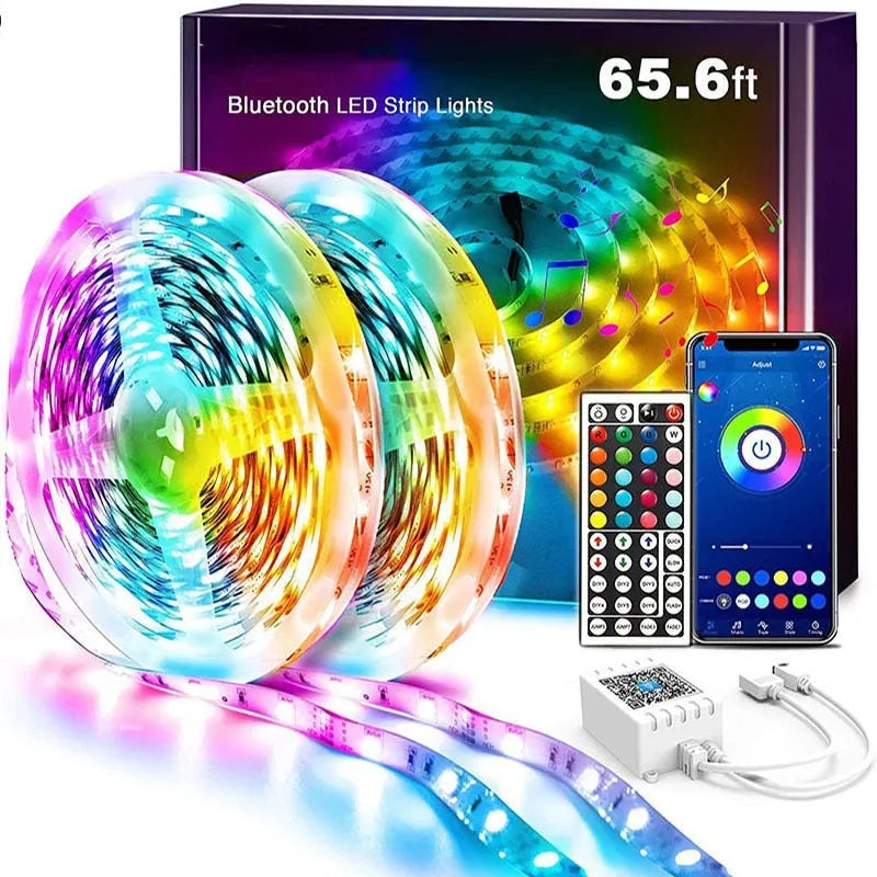 12V RGB LED strip light with Bluetooth remote control showing waterproof and non-waterproof options