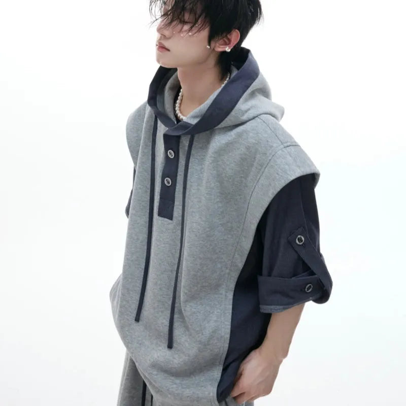 Men's polyester hooded tracksuit set with three-dimensional stitching in black or gray coordinated colours