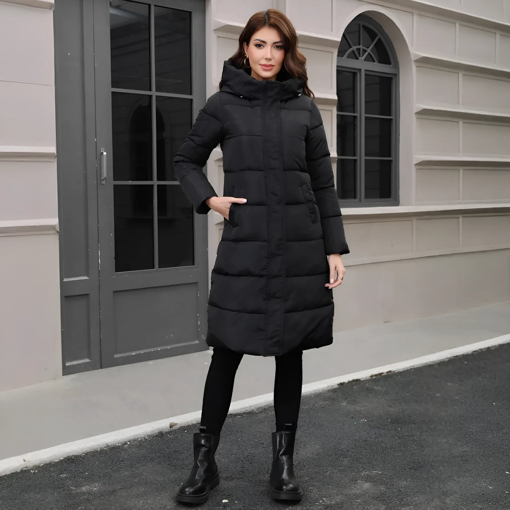 Black slim fit hooded winter jacket with thick polyester cold-resistant construction