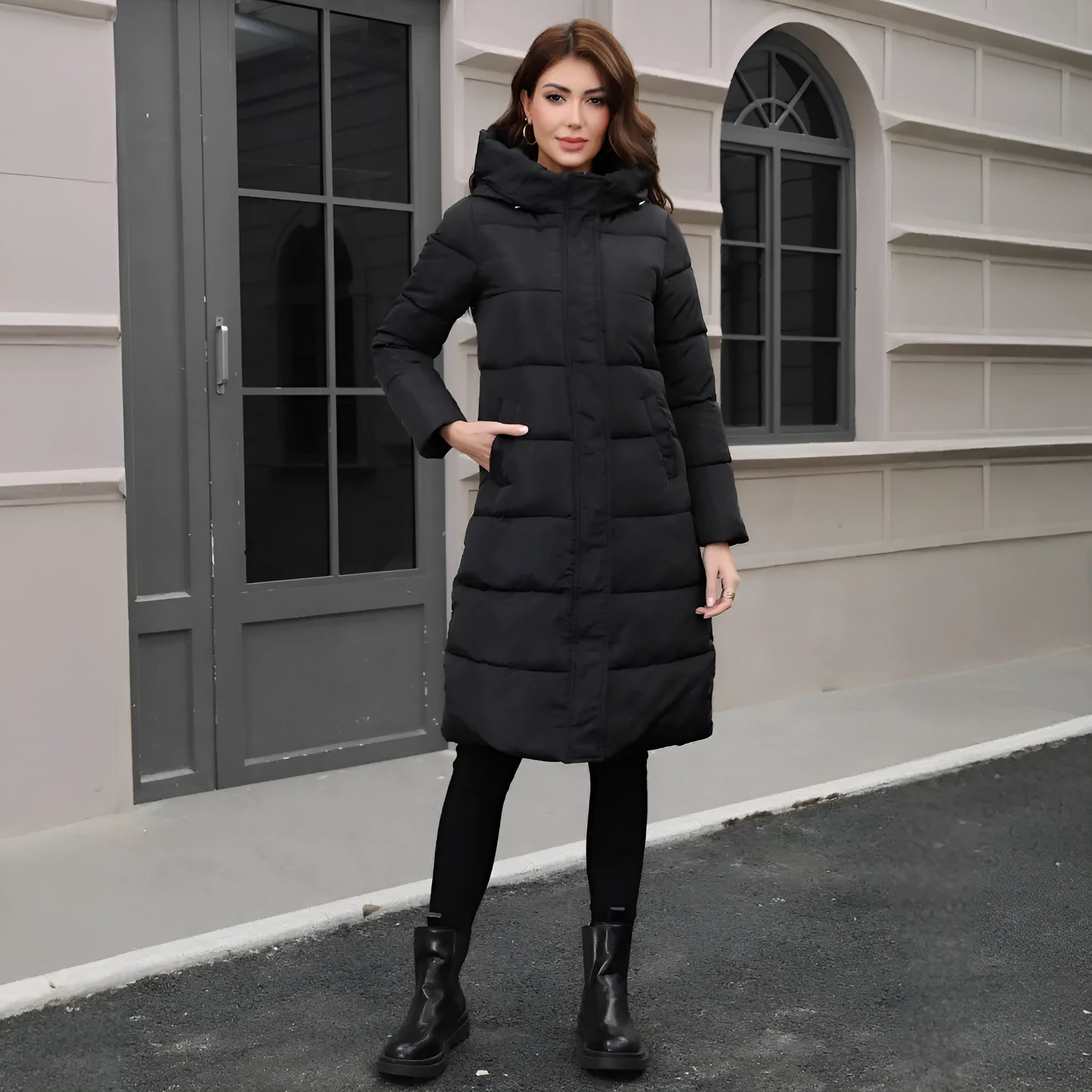 Black slim fit hooded winter jacket with thick polyester cold-resistant construction