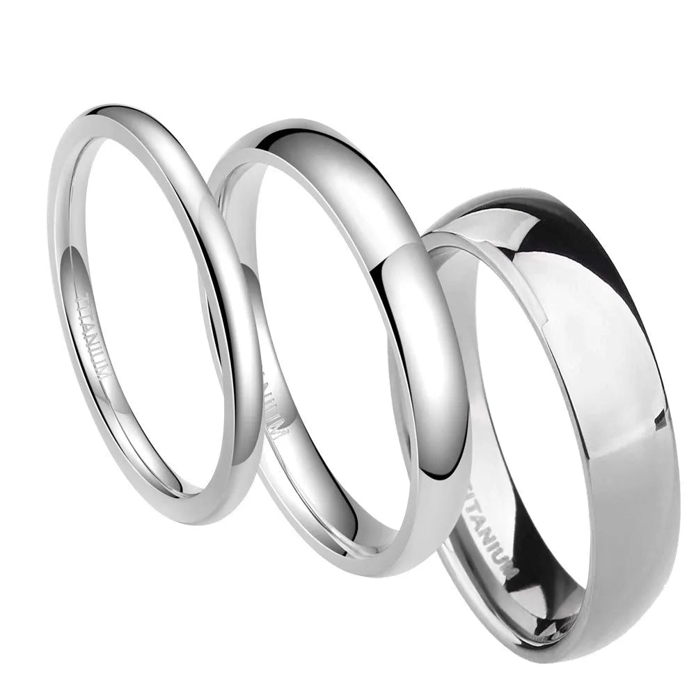 Silver titanium steel ring shown in three width options: 2mm, 4mm, and 6mm.