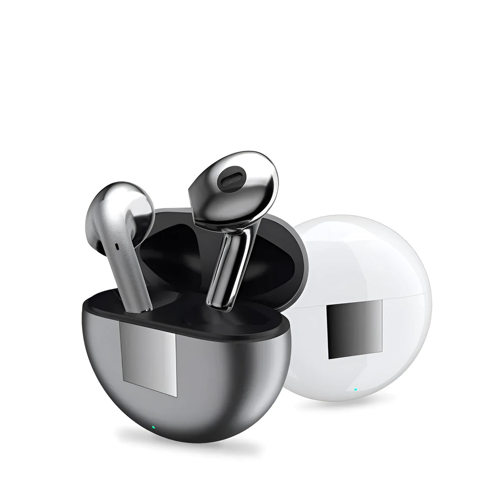 White Budz5 Bluetooth wireless semi-in-ear headset with its matching charging compartment.