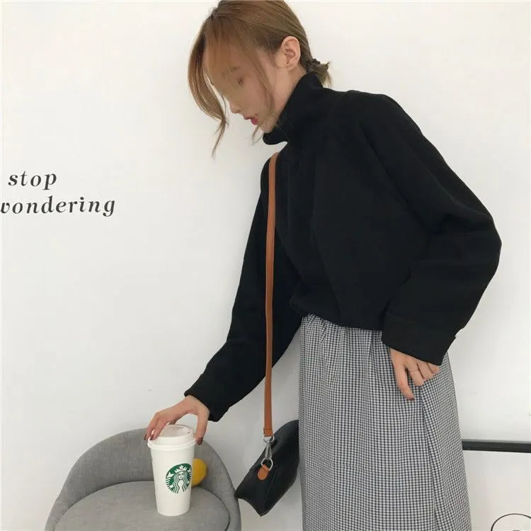 Women's loose-fit half-high collar long sleeve top in pure colour