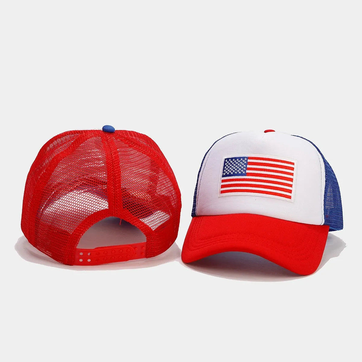 Red and blue contrast mesh breathable baseball cap with adjustable strap and dome crown.