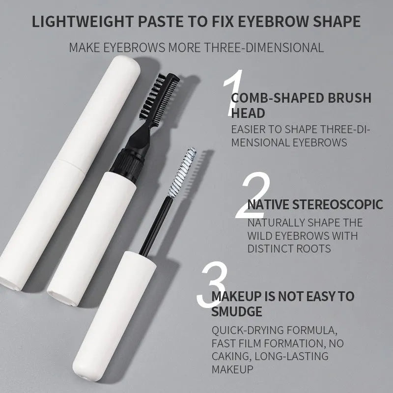 Eyebrow mould shaping brush and bottle of liquid eyebrow glue in pink or white.