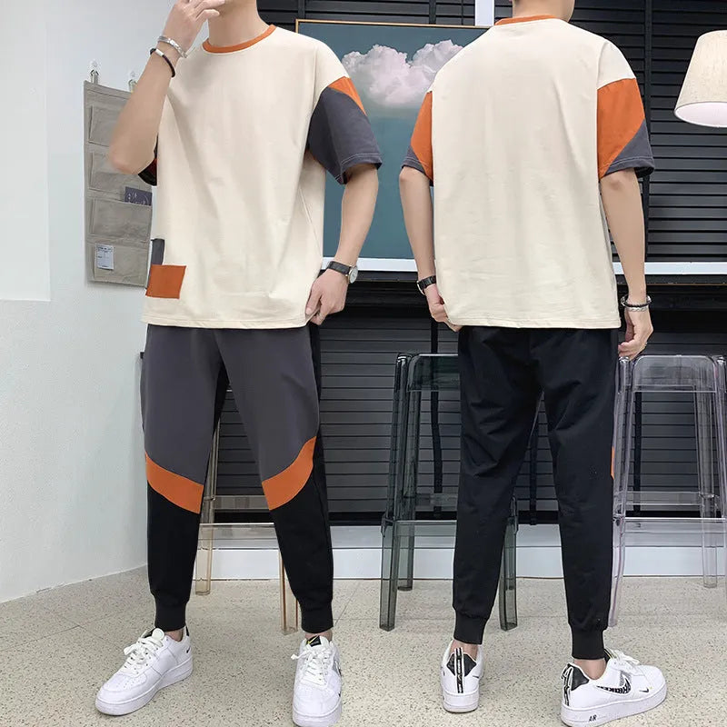 Men's cotton short-sleeved T-shirt with colour-block design in black and khaki, sizes M to 4XL
