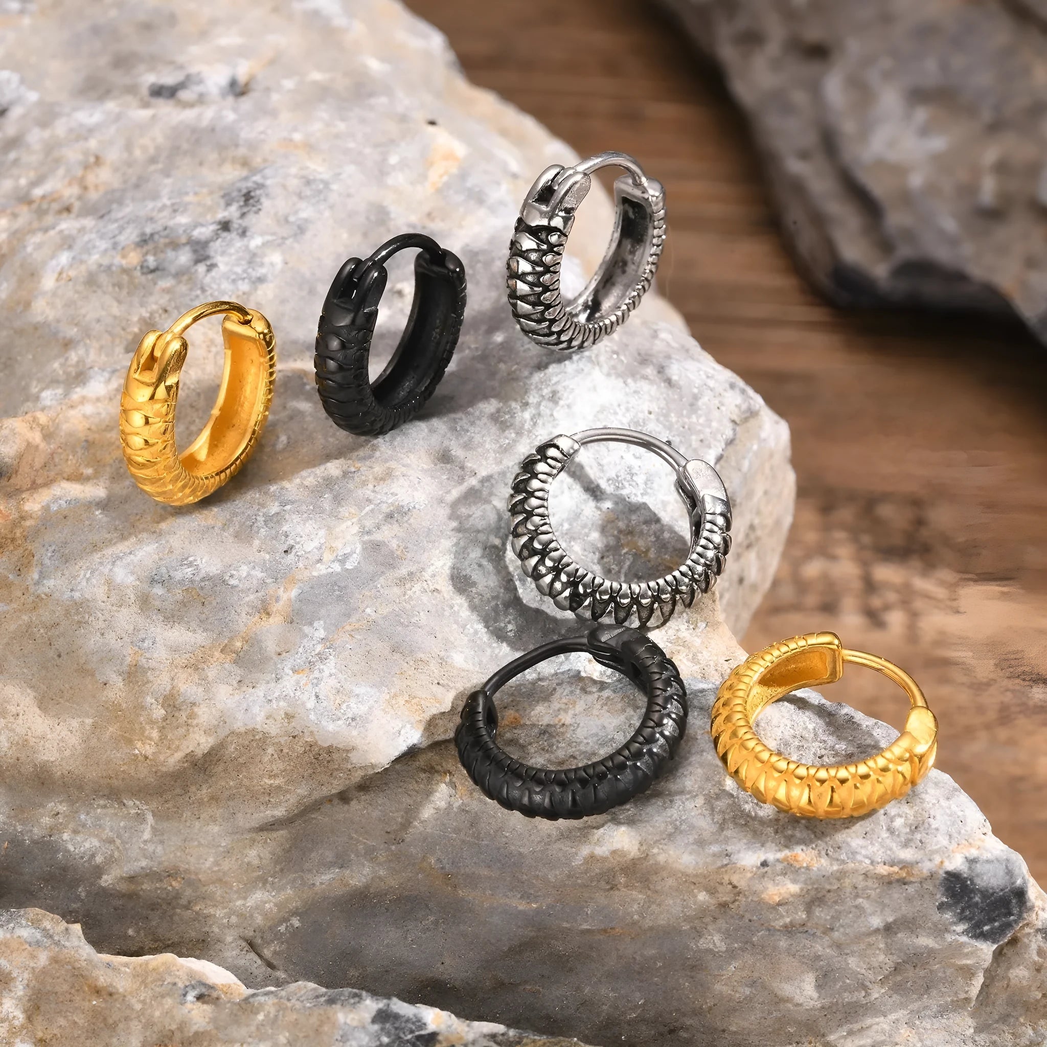Stainless steel snake pattern earrings in black or gold minimalist hip hop jewellery