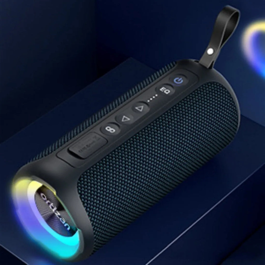 Black and blue fabric wireless Bluetooth speaker with 40W power and built-in lighting effects.