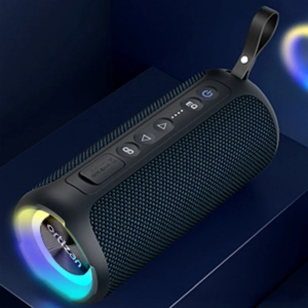 Black and blue fabric wireless Bluetooth speaker with 40W power and built-in lighting effects.