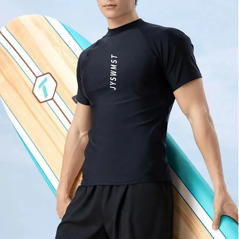Men's plus size polyester swimsuit set with top and swimming trunks