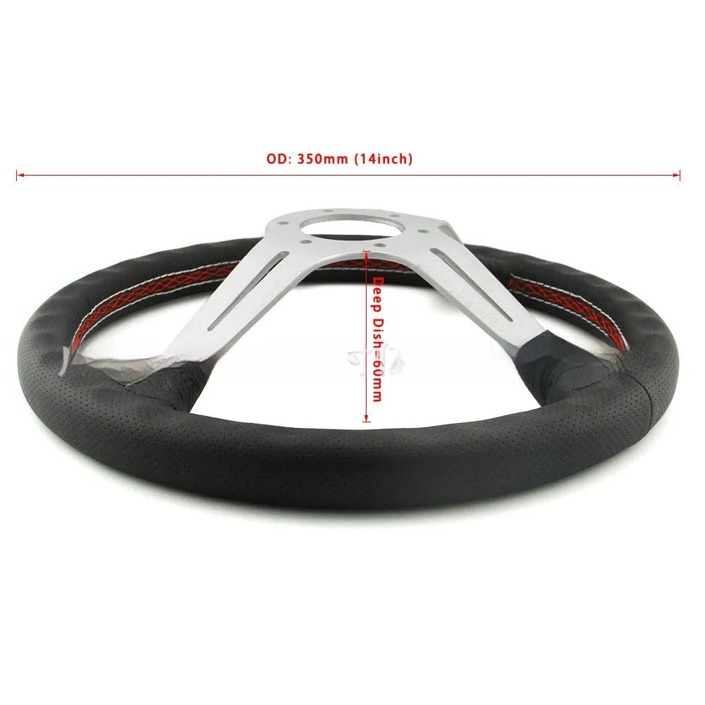 14-inch leather steering wheel with concave profile and silver skeleton