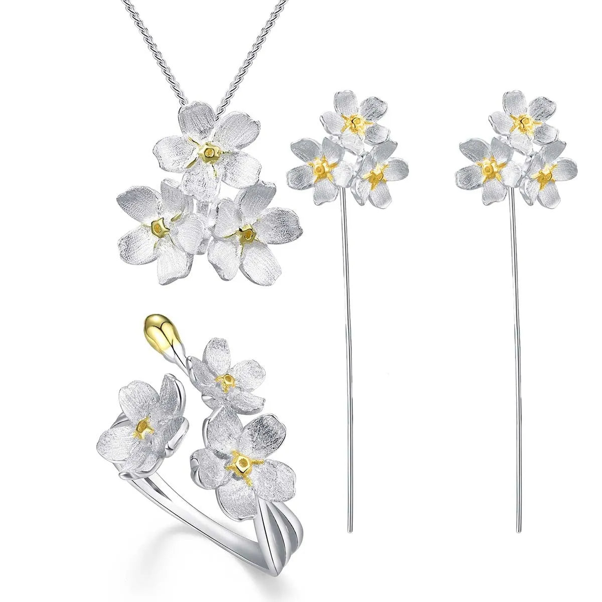 Sterling silver Myosotis Sylvatica flower pendant with electroplated gold or silver finish, pastoral style
