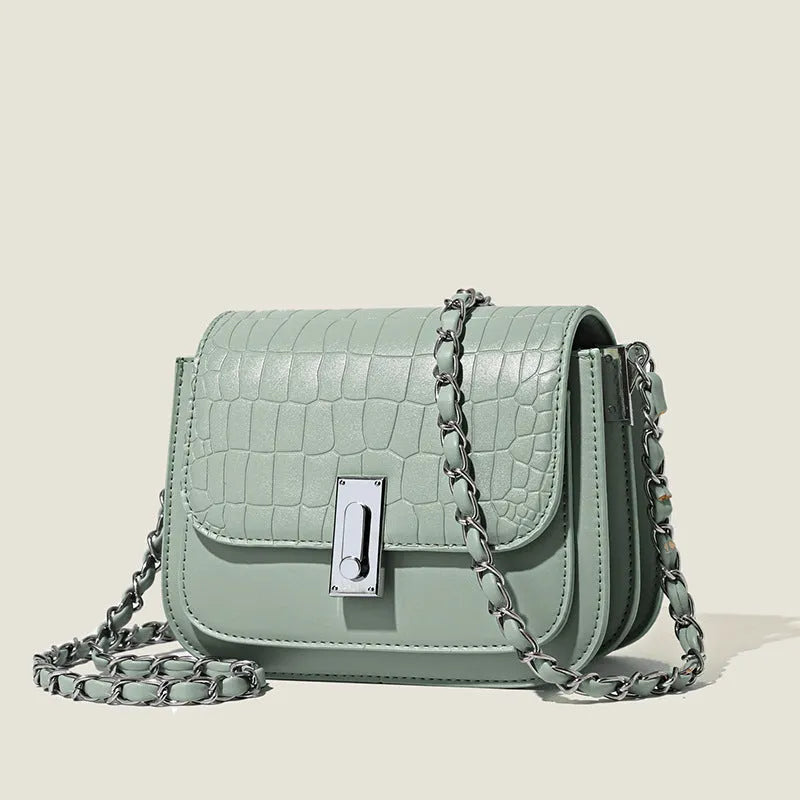 Soft PU women's chain shoulder bag in horizontal square design with sandwich pockets
