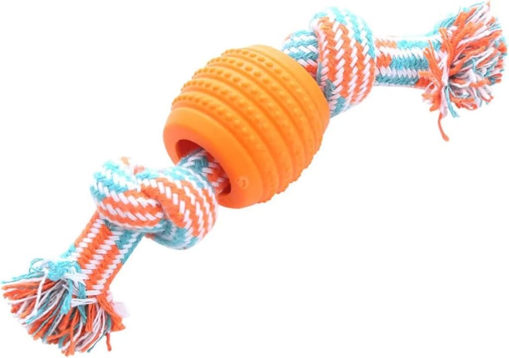 Blue molar-shaped dog chew toy with rope strands for dental cleaning