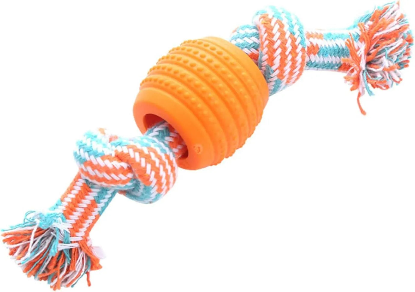 Blue molar-shaped dog chew toy with rope strands for dental cleaning