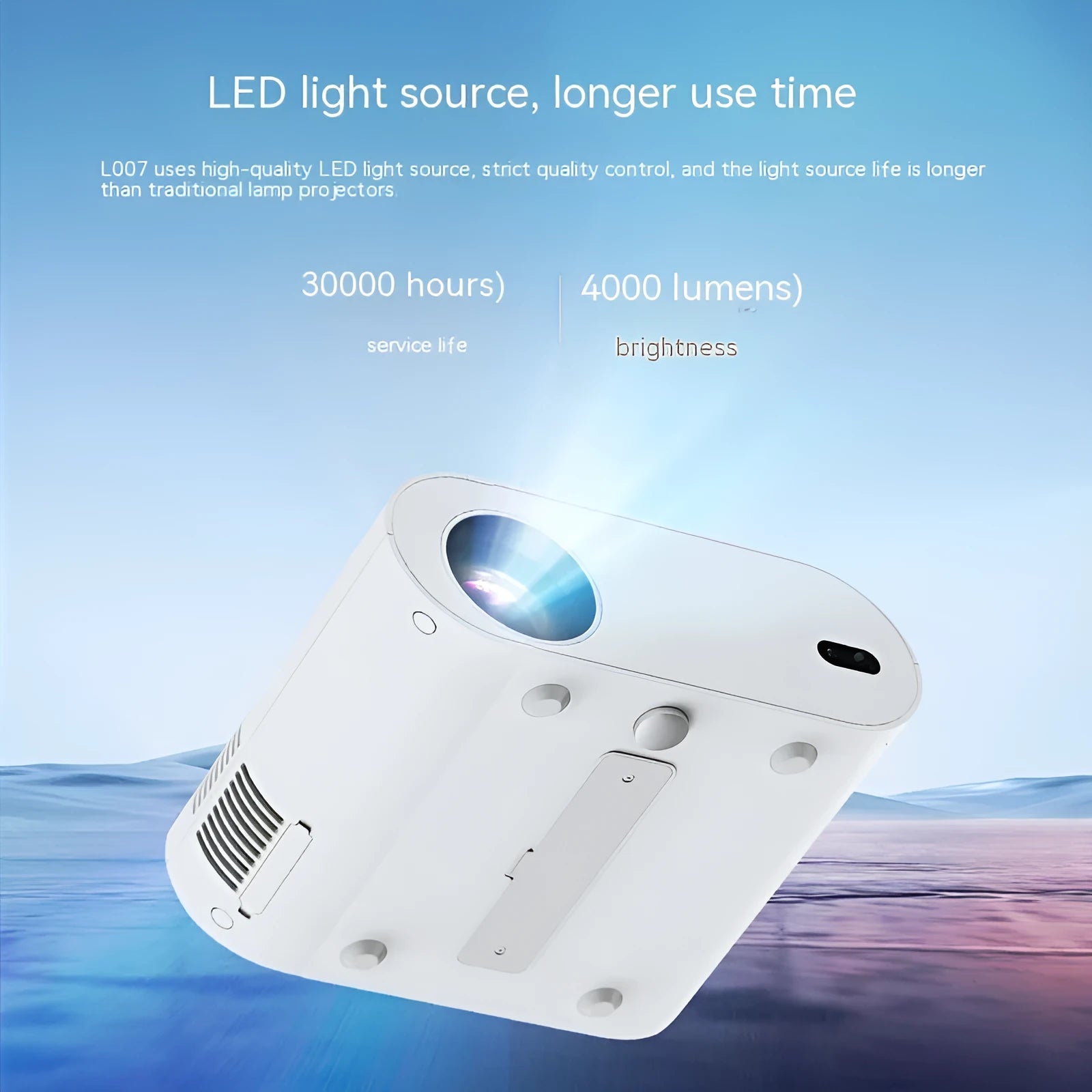 White Full HD smart projector with remote control showing 1080p resolution and 320 ANSI lumens brightness
