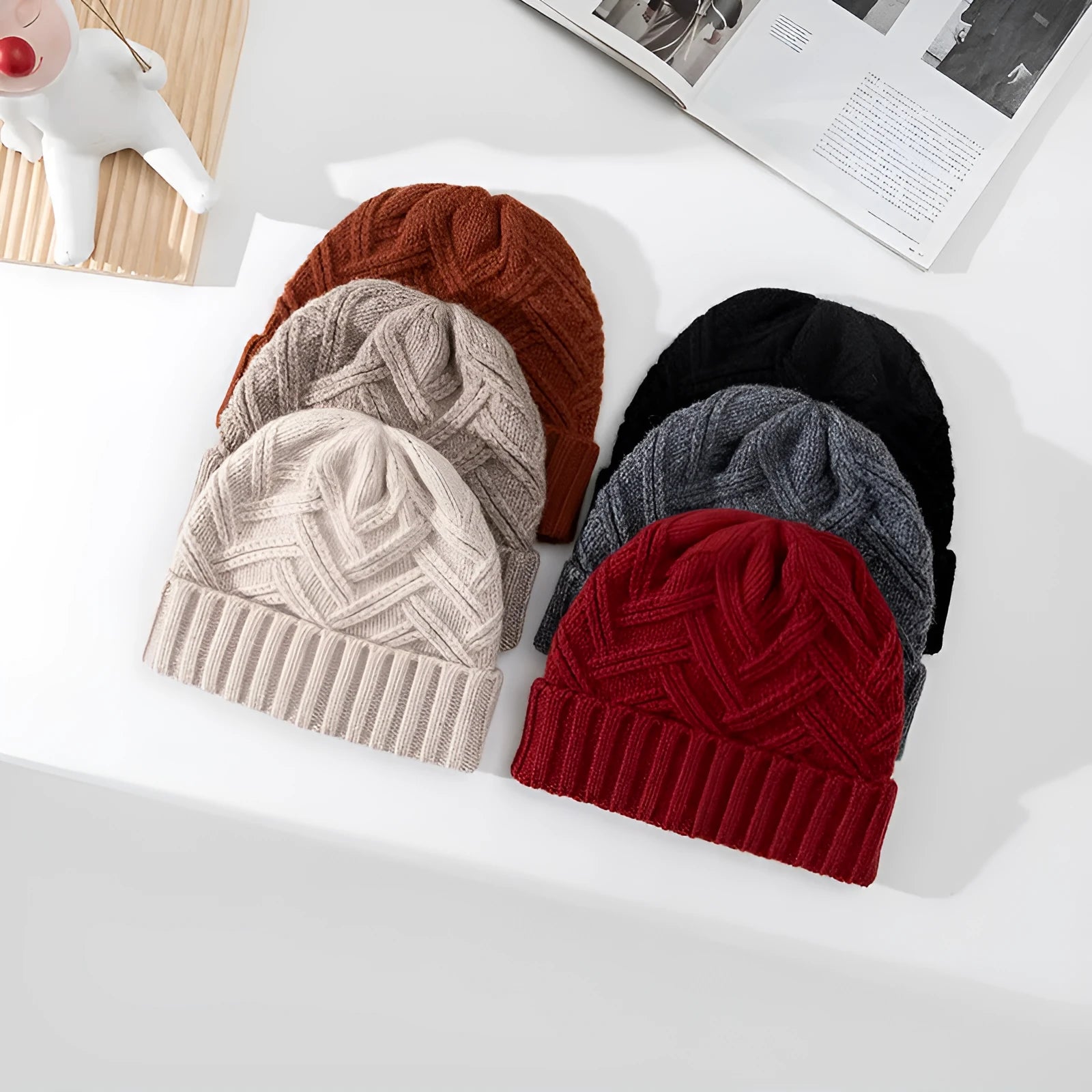Women's wool knitted dome crown winter hat in six colour options including ivory white and ankela red