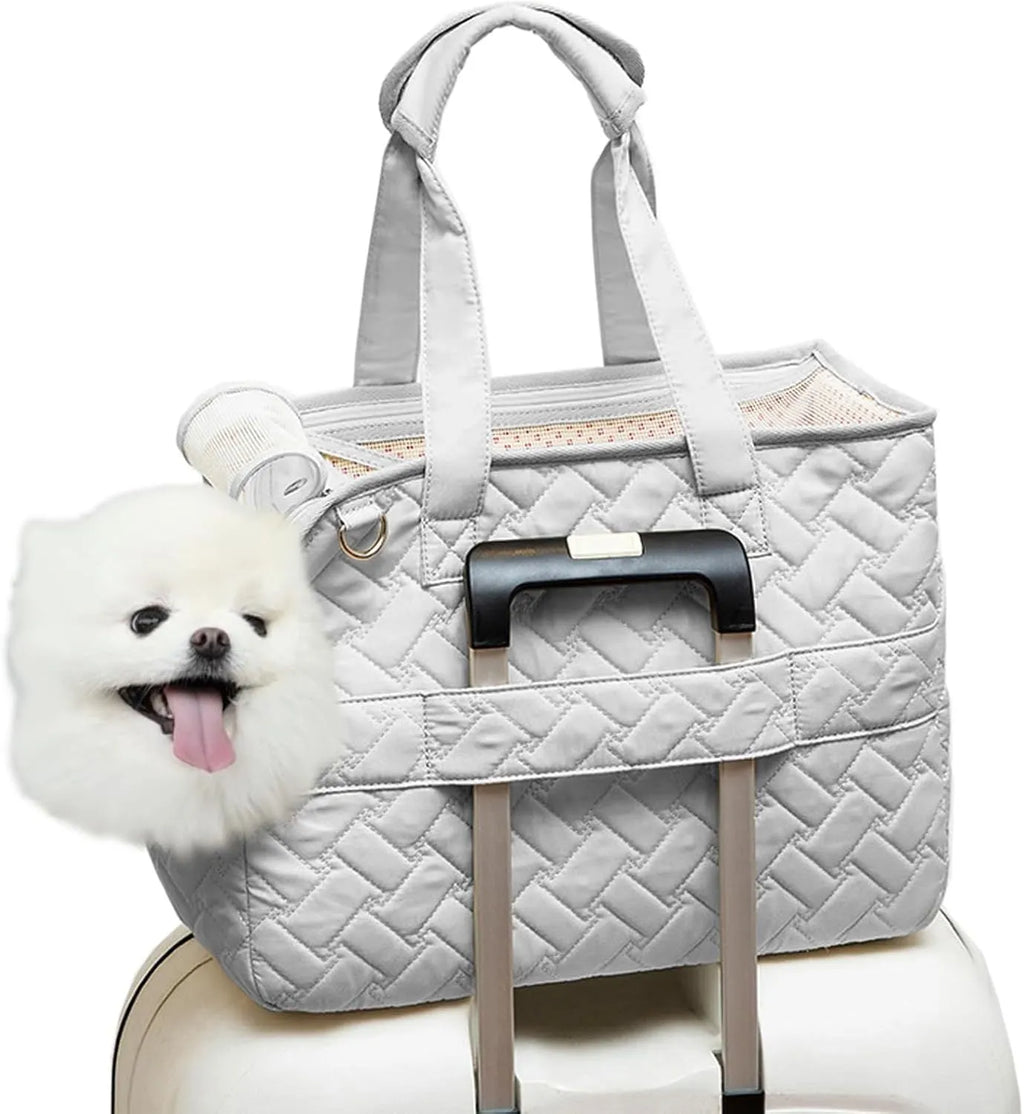 Grey pet carrier handbag with mesh panels and shoulder strap for cat or small dog transport