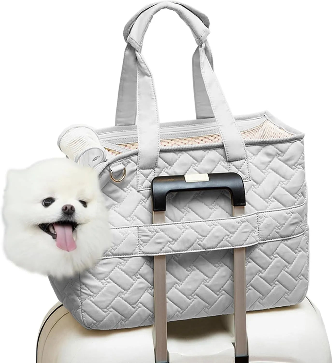 Grey pet carrier handbag with mesh panels and shoulder strap for cat or small dog transport