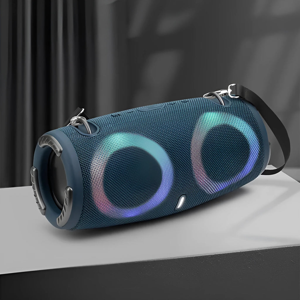 War Drum Bluetooth speaker with RGB coloured lights in black, blue, red, silver grey, or camouflage colours