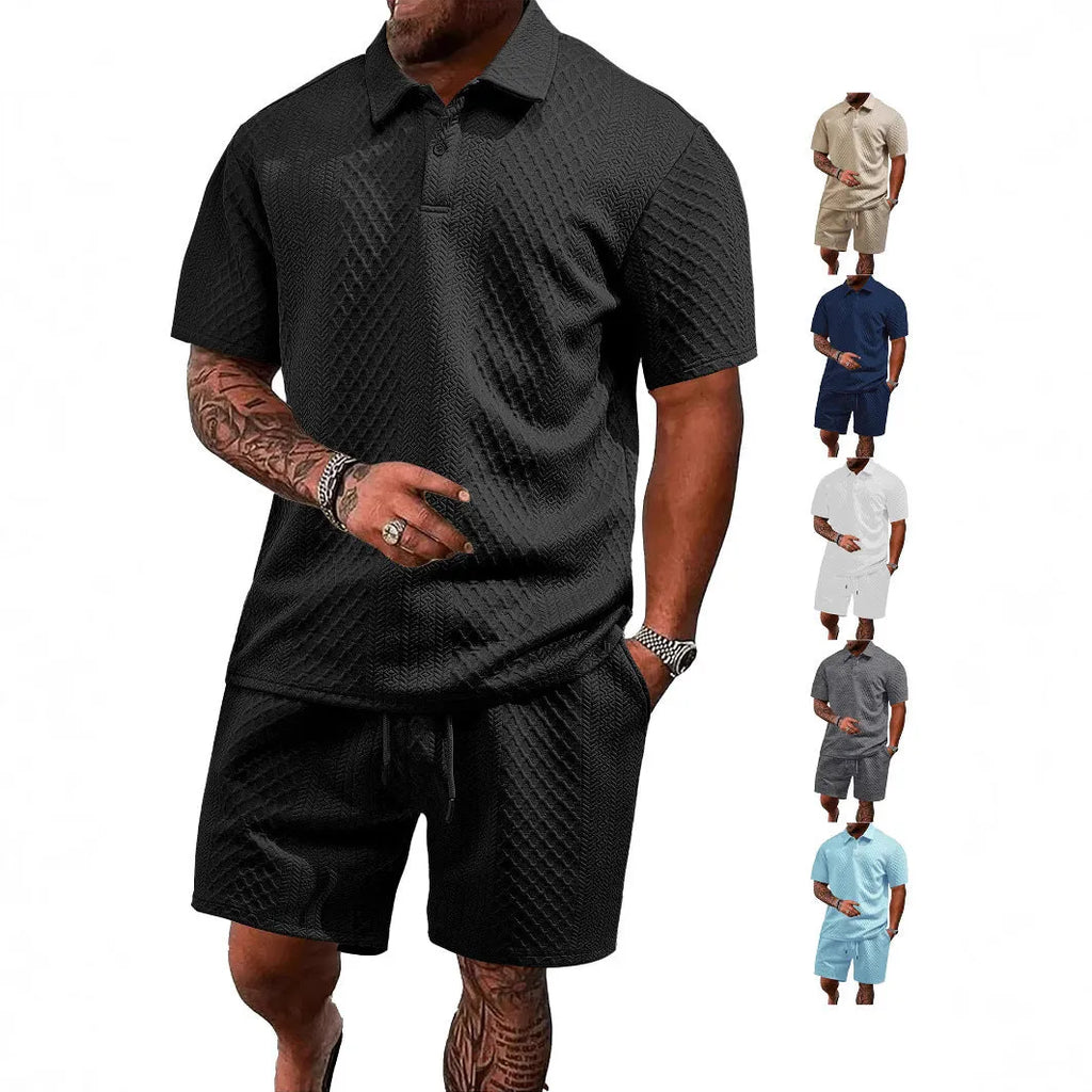 Men's thin short sleeve casual suit in polyester figured cloth with matching trousers