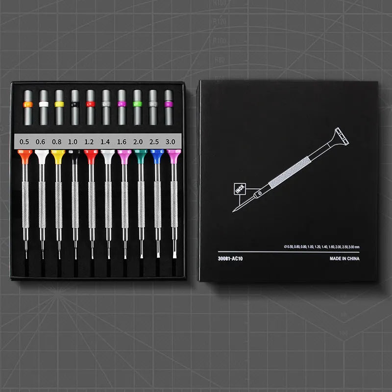 Watch repair screwdriver set with 10 tools and 20 spare bits in organised box