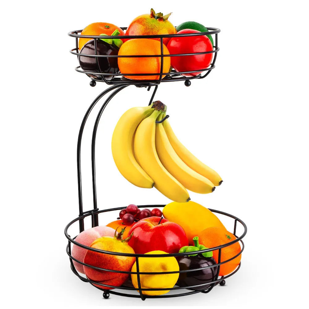 Black wrought iron double-layer fruit basket with open wire sides for storing fruits and vegetables.