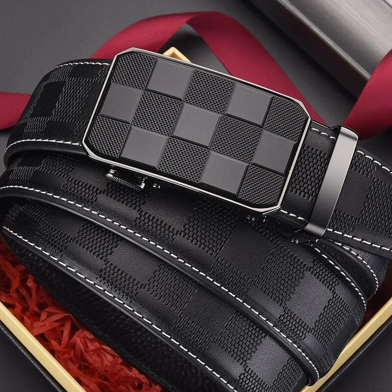 Men's genuine leather automatic buckle belt in carved plaid design on white background