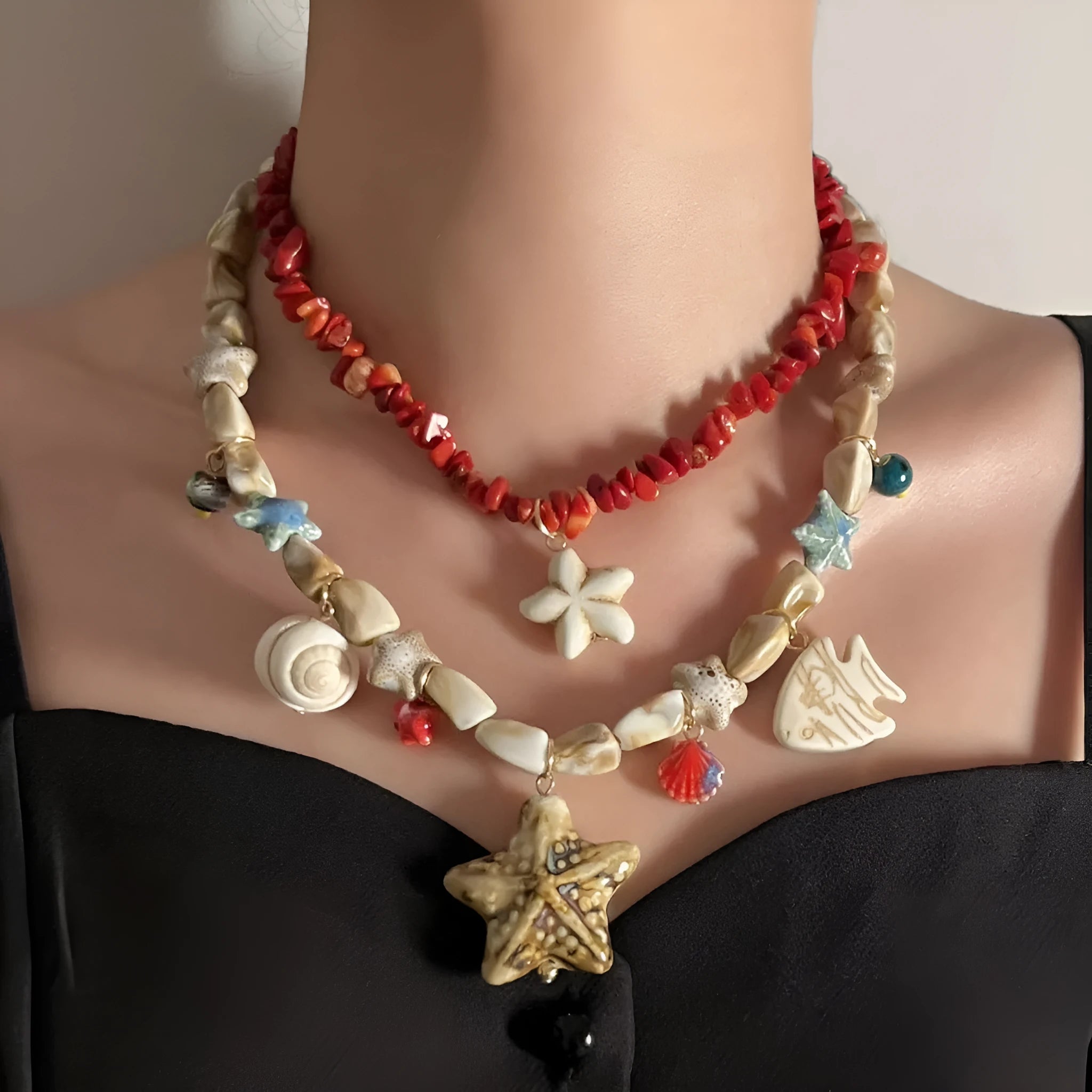 Gold marine life clavicle chain necklace with conch shell starfish pendant on zinc alloy chain for women