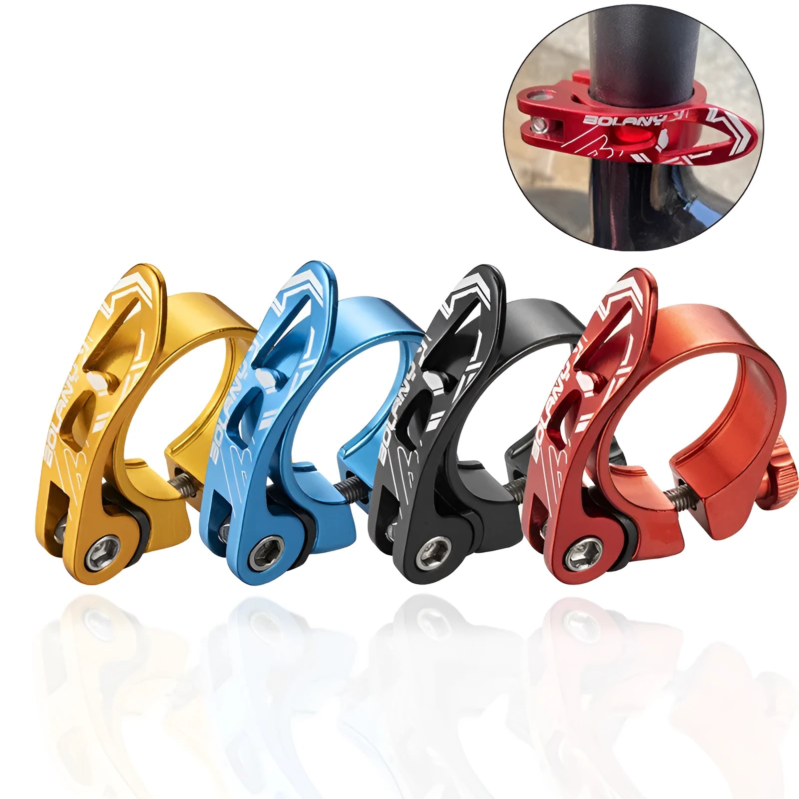 Aluminium alloy bicycle seat post clamp in black, blue, gold, or red, showing 31.8mm and 34.9mm size options.