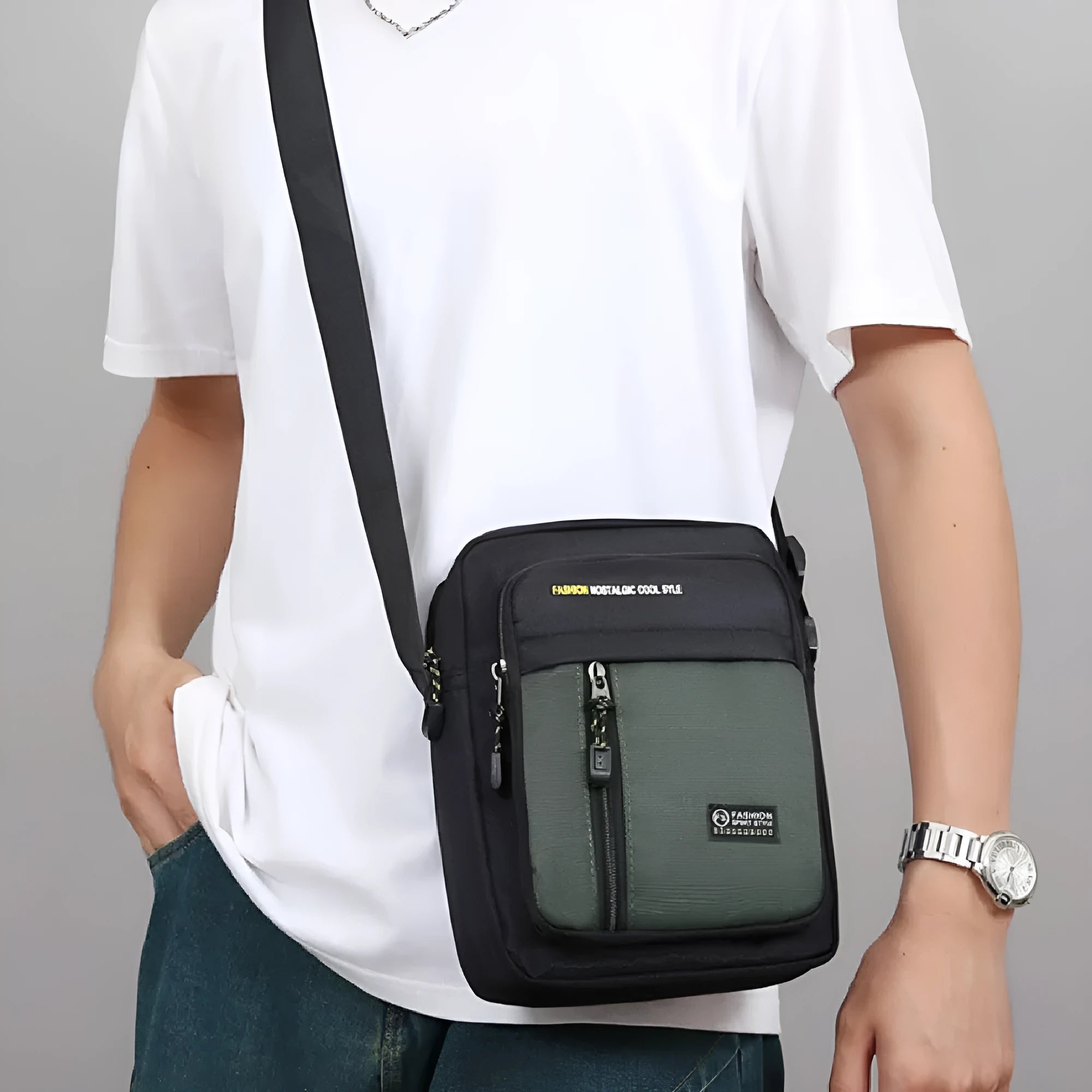 Men's nylon crossbody messenger bag in green colour showing sewing thread detailing