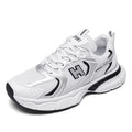 Men's mesh running shoes with plastic sole in black, white and grey, and white orange colour options