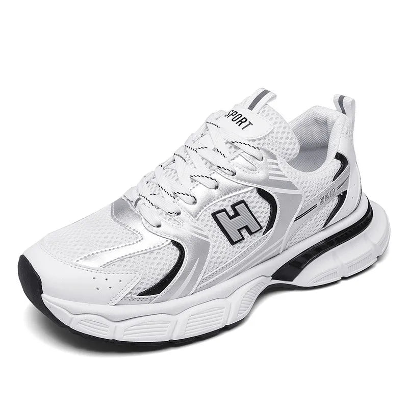 Men's mesh running shoes with plastic sole in black, white and grey, and white orange colour options