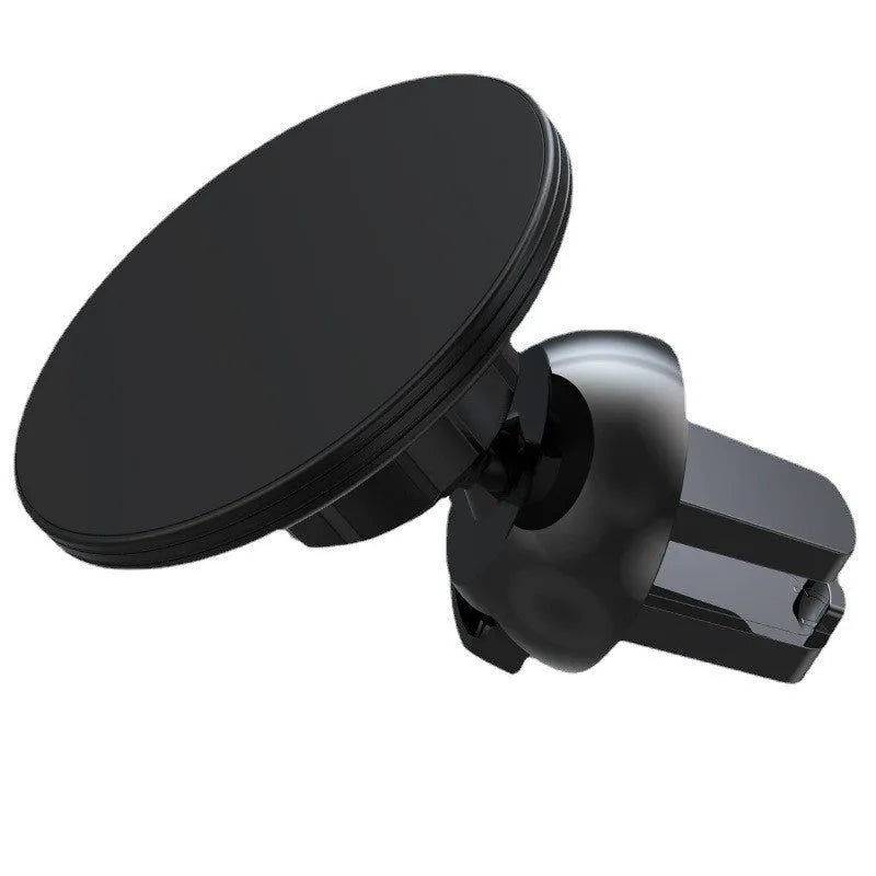 Black aluminium alloy magnetic car air vent phone holder mounted on vehicle dashboard