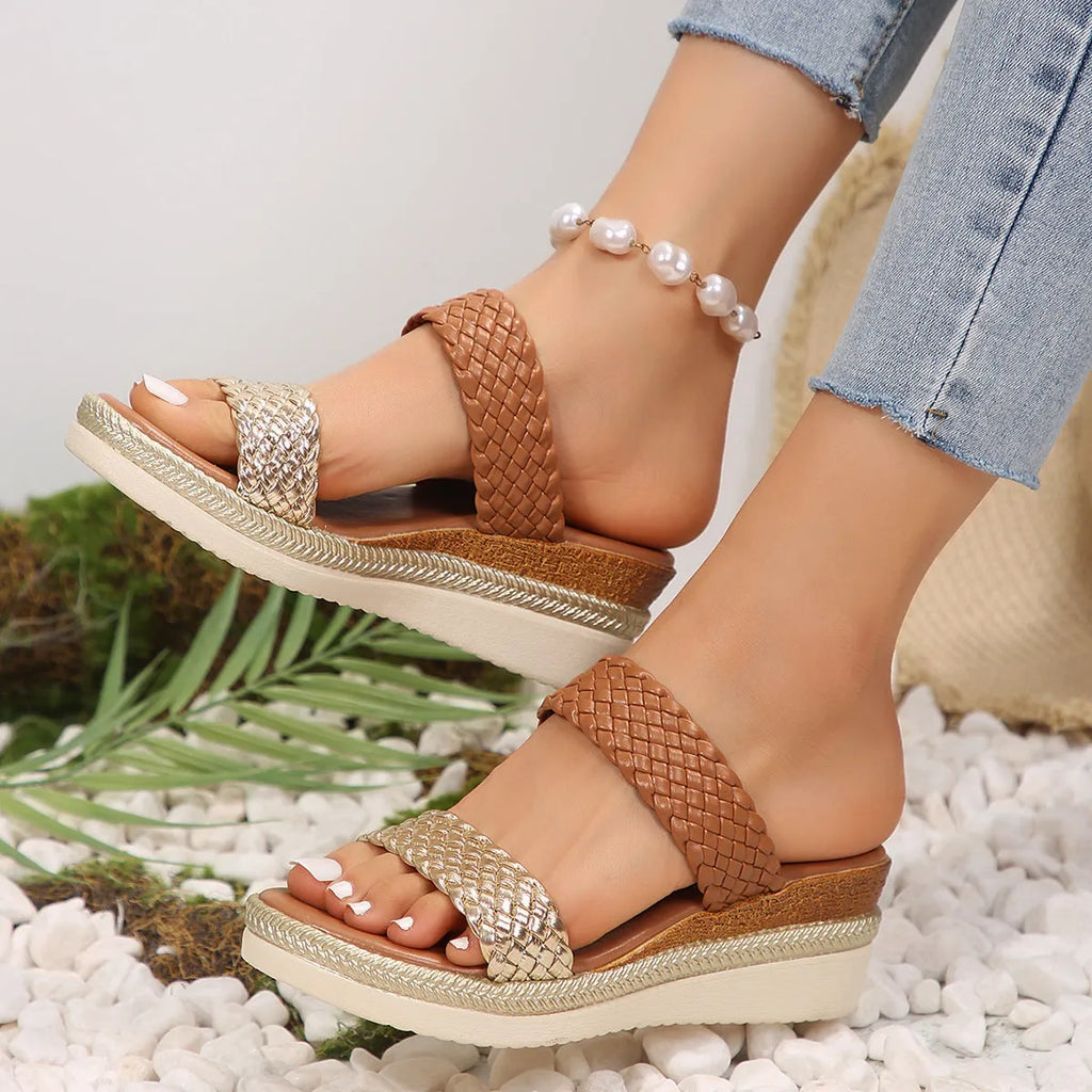 Women's gold and silver wedge sandals with PU upper and rubber sole in sizes 36-43