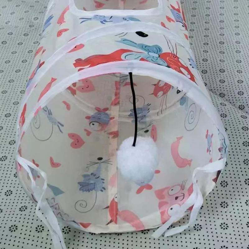 Cat play tunnel folding interactive bunny tent with black and white kitten pattern, made of polyester and canvas, with tunnel attached