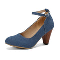 Women's blue denim waterproof platform high-heel shoes with buckle fastening and round toe design