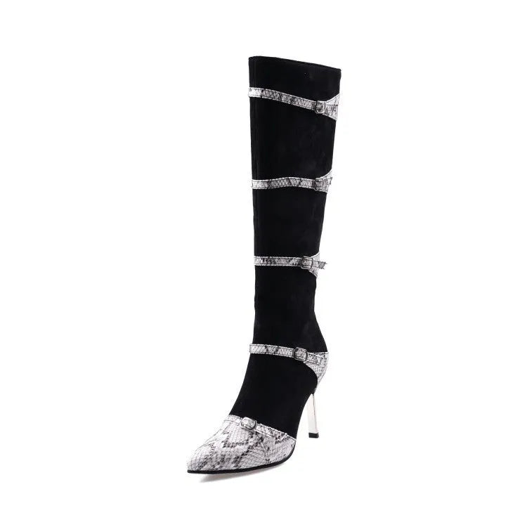 Women's grey knee-high boots with thin high heels on a wooden floor