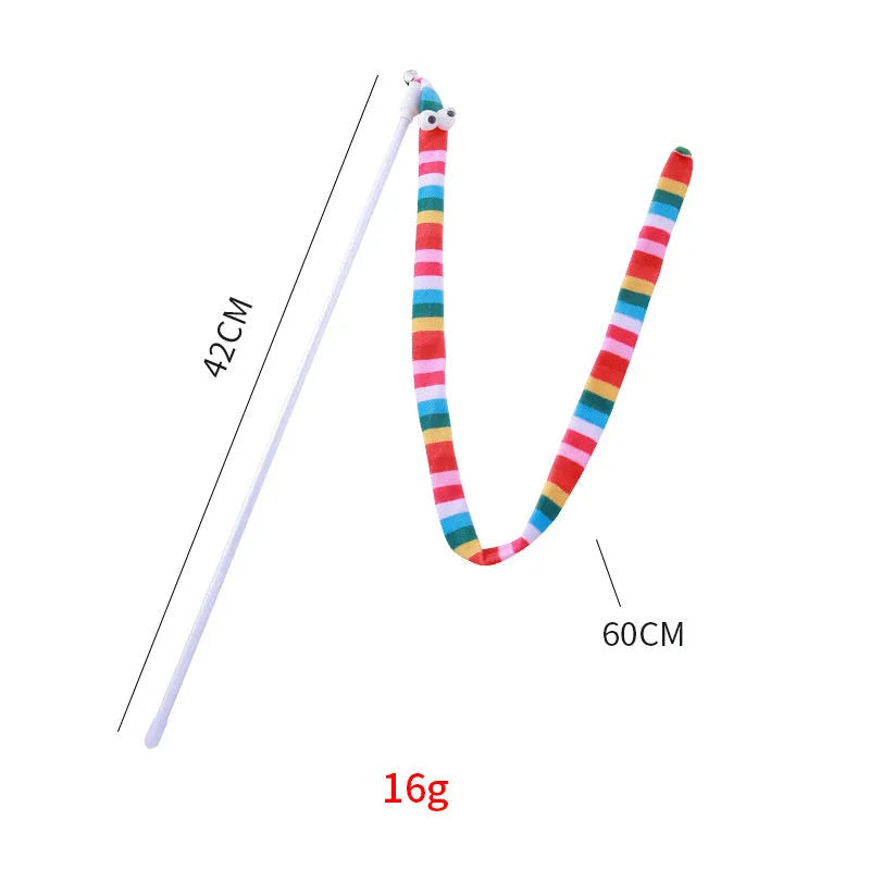 Cat wand toy with colourful plush strip and bell on a polycarbonate pole for interactive play