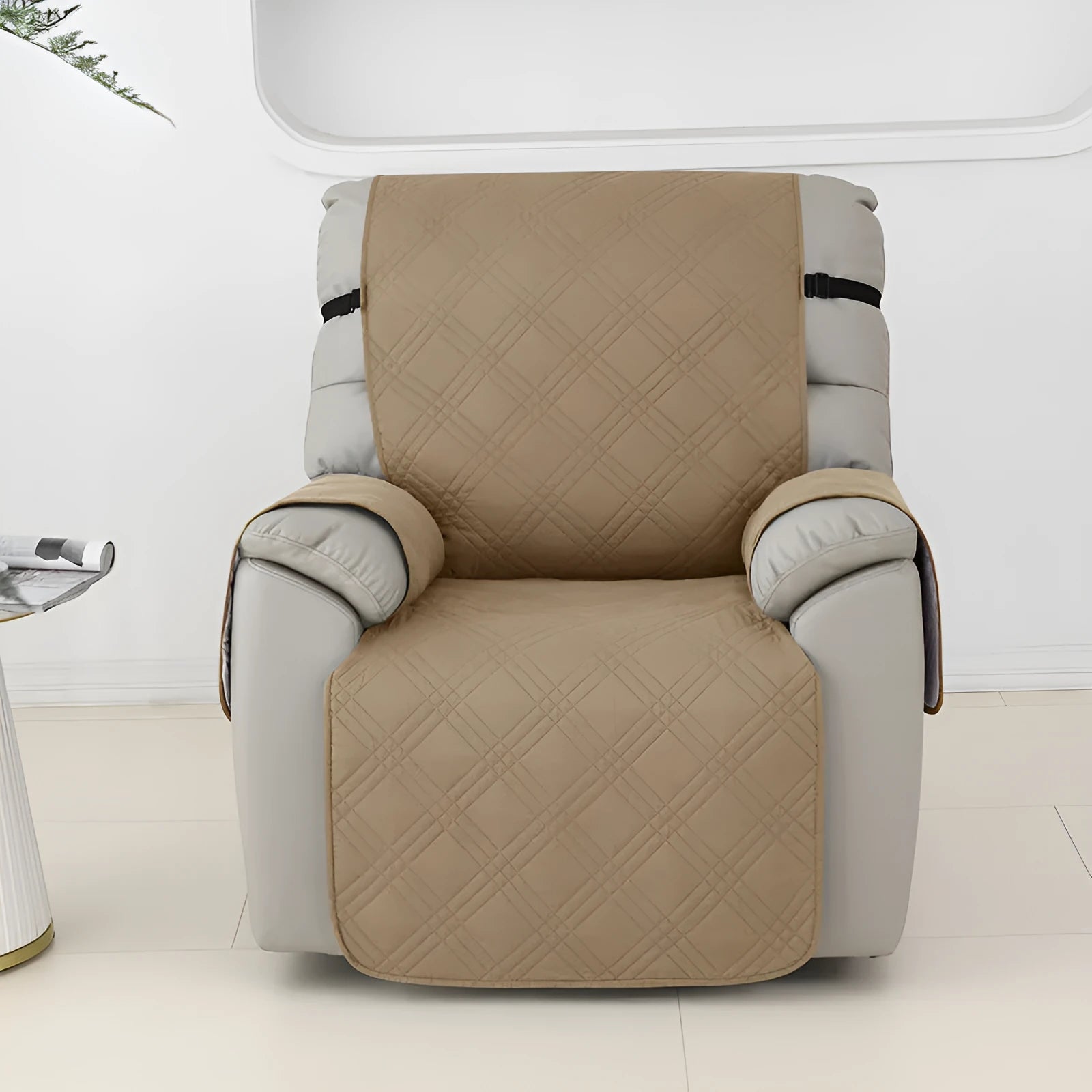 Quilted waterproof sofa cover in burgundy on a single seat massage chair