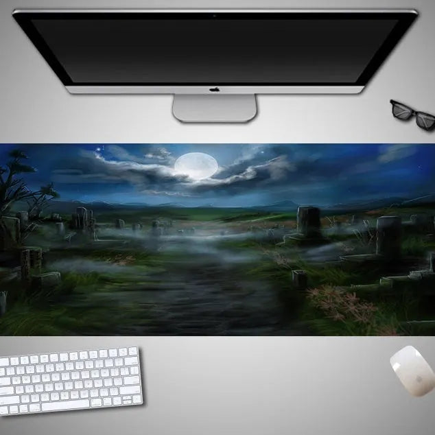 Halloween-themed oversized mouse pad showing rubber cloth texture and non-slip base