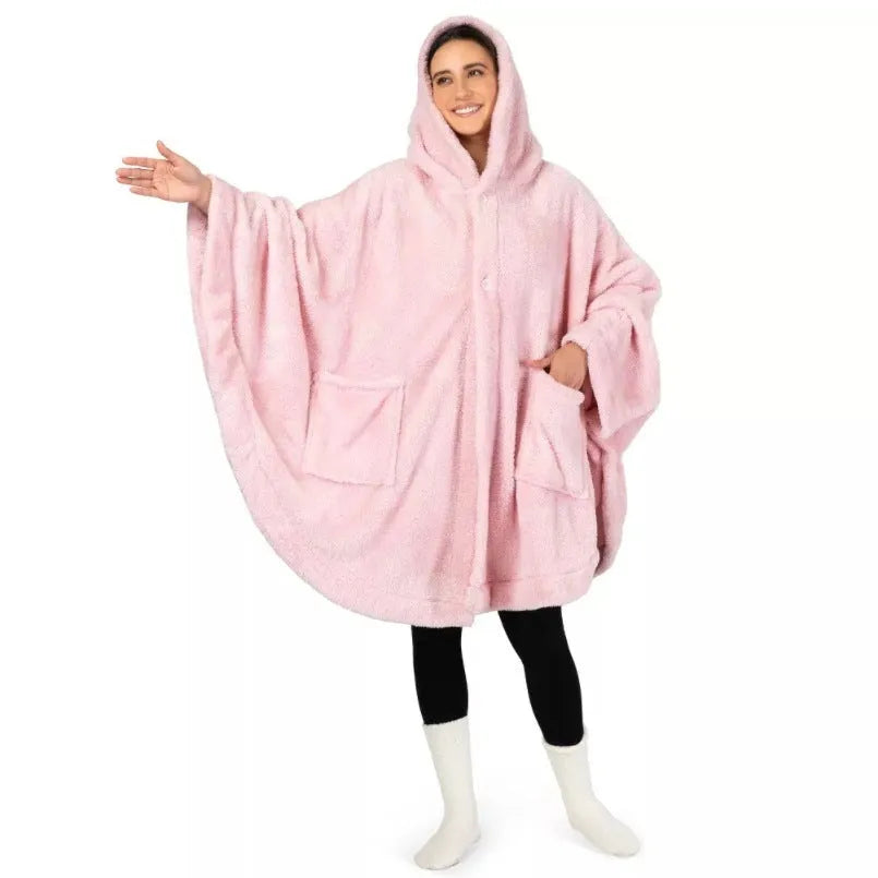 Thick cloak-style hooded bathrobe in black, dark grey, or pink, with long sleeves